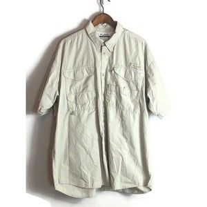 COLUMBIA PFG Mens Beige Vented Short Sleeve Shirt Size XL Fishing Logo Pockets